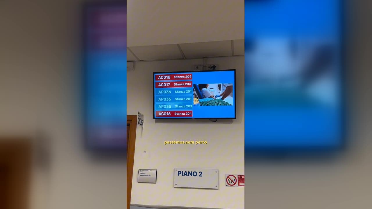 Corredor de hospital na Itália com painel de chamada dos quartos e placa indicando o segundo andar