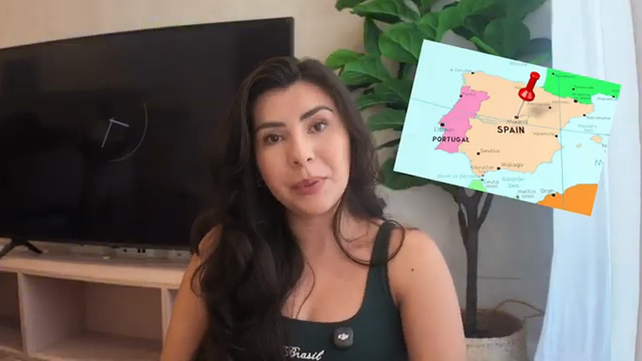 Mapa da Espanha e de Portugal com um marcador em Madri, onde Karol Barbosa está morando